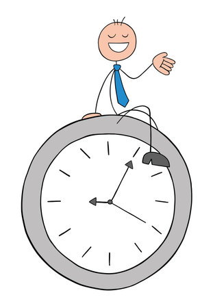Stickman businessman is sitting on the clock and is very happy. Hand drawn outline cartoon vector illustration.のイラスト素材