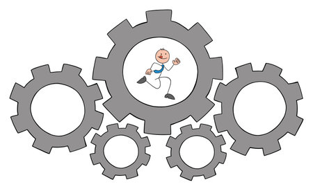 Stickman businessman are running in the spinning gears. Hand drawn outline cartoon vector illustration.のイラスト素材