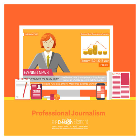 TV journalism. newspaper reporting. live cameraman. woman delivering news. man delivering news. live television womanのイラスト素材