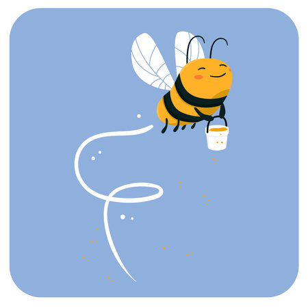 Happy bee that makes honey. Happy bee collecting pollen. Cartoon bee. Cute bee. Flying bee.