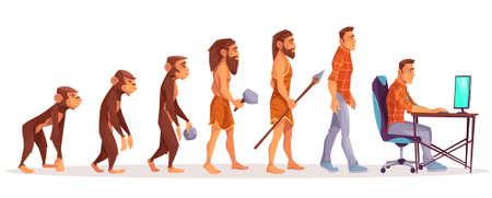 evolution from ape to man. a person working on a computer. baby monkey. evolving monkey. walking person. spear maker.のイラスト素材