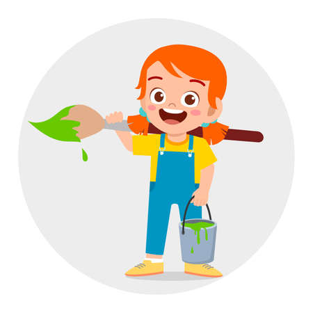 boy who paints. painting boy. The boy who paints on the easel. paint buckets and easel. boy who is a painterのイラスト素材