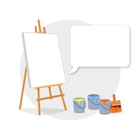 boy who paints. painting boy. The boy who paints on the easel. paint buckets and easel. boy who is a painter. painting course. painting lesson. painting workshop.のイラスト素材