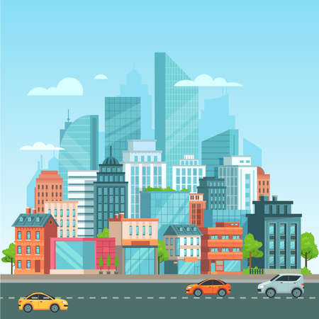 buildings in the city centre. town center crowded buildings. skyscrapers in the city center. skyscraper examples. examples of houses in the city center. the heart of the city. collection of buildingsのイラスト素材