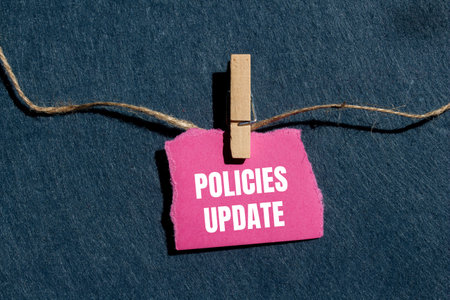Policies update message written on ripped torn pink paper piece with gray background. Conceptual policies update symbol. Copy space.の写真素材