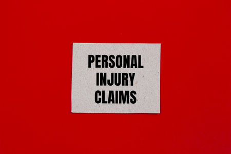 Personal injury claims message written on paper piece with red background. Conceptual personal injury claims symbol. Copy space.の写真素材