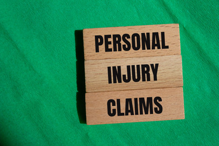 Personal injury claims words written on wooden blocks with green background. Conceptual personal injury claims symbol. Copy space.の写真素材