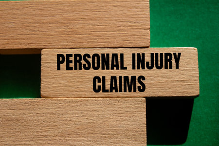 Personal injury claims message written on wooden block with green background. Conceptual personal injury claims symbol. Copy space.の写真素材