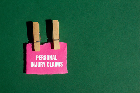 Personal injury claims message written on ripped torn pink paper piece with green background....