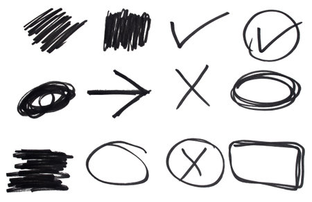 Black marker scribble set design elements isolated on whiteの写真素材