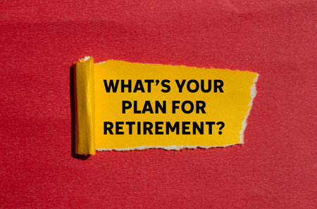 What's your plan for retirement message written on torn yellow paper on red background. Conceptual what's your plan for retirement symbol. Copy space.の写真素材