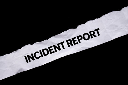 Incident report message written on ripped torn white paper on black background. Conceptual incident report symbol. Copy space.の写真素材