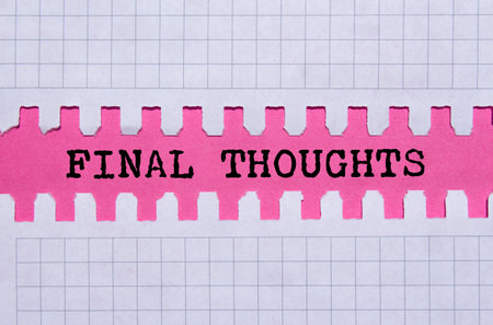 Final thoughts message written on ripped torn paper on pink background. Conceptual final thoughts symbol. Copy space.の写真素材