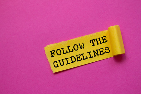 Follow the guidelines message written on torn torn yellow paper piece on pink background. Conceptual...