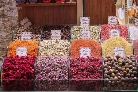 Colorful spice varieties in Istanbul's spices bazaarの写真素材