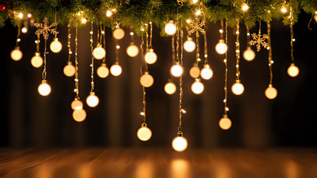 Christmas tree branches with light bulbs and snowflakes on wooden backgroundの写真素材