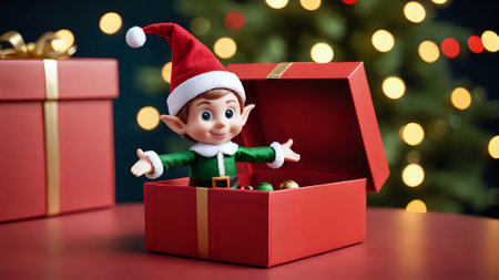 A wooden christmas toy elf sitting in a gift box on the background of the Christmas treeの写真素材