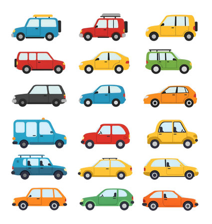 A set of 18 illustrated cars in various colors and styles, including sedans, hatchbacks, SUVs, and vans. This vibrant collection is ideal for transportation-themed designs, postersの写真素材