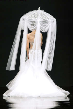 Back view of a bride with an umbrella on black background.の写真素材