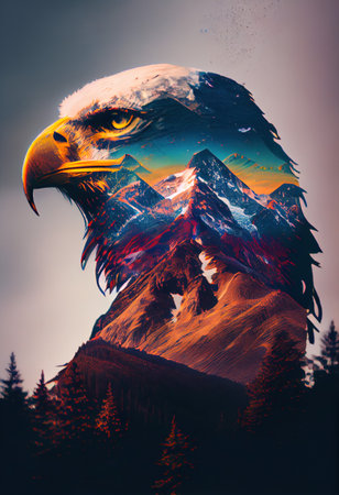 Double exposure of eagle head with mountains on the background. Concept of extreme sport. Double exposureの素材