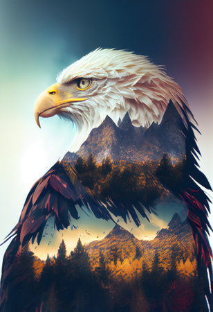 Bald Eagle on the background of mountains. 3D illustration. Double exposureの素材