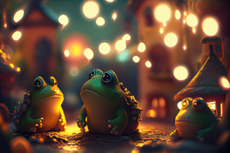 This art portfolio shows a whimsical world of little frog people living in a picturesque village named Otterbanks. The images are rendered with a beautiful bokeh effect.の素材