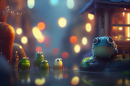 This art portfolio shows a whimsical world of little frog people living in a picturesque village named Otterbanks. The images are rendered with a beautiful bokeh effect.の素材