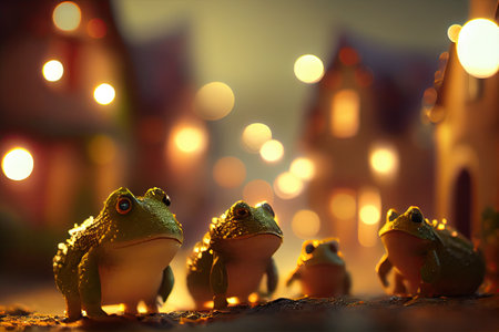This art portfolio shows a whimsical world of little frog people living in a picturesque village named Otterbanks. The images are rendered with a beautiful bokeh effect.の素材