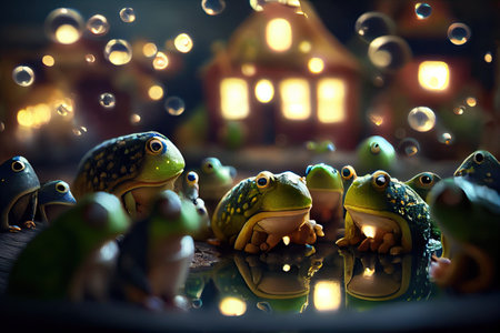 This art portfolio shows a whimsical world of little frog people living in a picturesque village named Otterbanks. The images are rendered with a beautiful bokeh effect.の素材