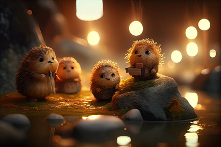 This art portfolio shows a whimsical world of little beaver people living in a picturesque village named Otterbanks. The images are rendered with a beautiful bokeh effect.の素材