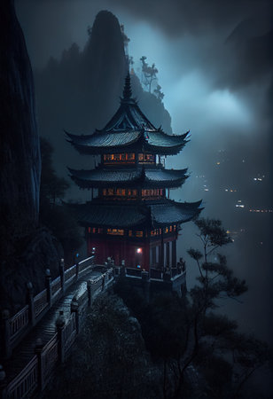 This art portfolio showcases the breathtaking beauty and grandeur of Tianmen Mountain's Buddhist temples in multiple weather conditions.の素材