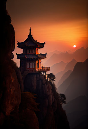 This art portfolio showcases the breathtaking beauty and grandeur of Tianmen Mountain's Buddhist temples in multiple weather conditions.の素材