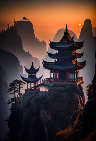 This art portfolio showcases the breathtaking beauty and grandeur of Tianmen Mountain's Buddhist temples in multiple weather conditions.の素材