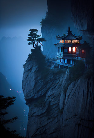 This art portfolio showcases the breathtaking beauty and grandeur of Tianmen Mountain's Buddhist temples in multiple weather conditions.の素材