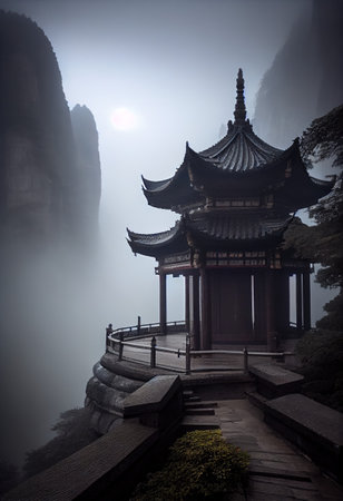 This art portfolio showcases the breathtaking beauty and grandeur of Tianmen Mountain's Buddhist temples in multiple weather conditions.の素材