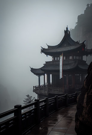 This art portfolio showcases the breathtaking beauty and grandeur of Tianmen Mountain's Buddhist temples in multiple weather conditions.の素材
