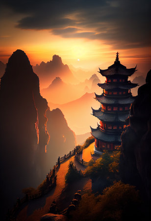 This art portfolio showcases the breathtaking beauty and grandeur of Tianmen Mountain's Buddhist temples in multiple weather conditions.の素材