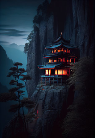 This art portfolio showcases the breathtaking beauty and grandeur of Tianmen Mountain's Buddhist temples in multiple weather conditions.の素材