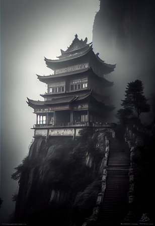 This art portfolio showcases the breathtaking beauty and grandeur of Tianmen Mountain's Buddhist temples in multiple weather conditions.の素材
