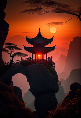 This art portfolio showcases the breathtaking beauty and grandeur of Tianmen Mountain's Buddhist temples in multiple weather conditions.の素材