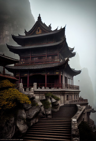 This art portfolio showcases the breathtaking beauty and grandeur of Tianmen Mountain's Buddhist temples in multiple weather conditions.の素材