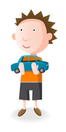 Boy holding in her arms a blue toy car, cartoon illustrationのイラスト素材