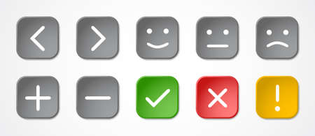 Ten colored buttons with symbols and emoticons