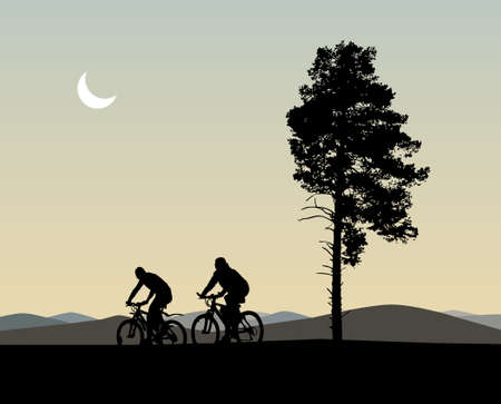 Silhouette of two bikers and evening landscape with treesのイラスト素材