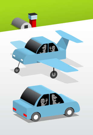 Blue car and plane at the airport, vector cartoon illustrationのイラスト素材