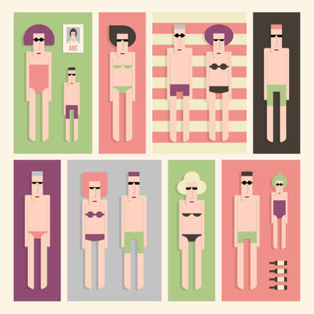 Adults and children sunbathing on the beach, vector cartoon illustrationのイラスト素材