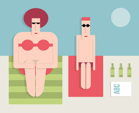 Man with a fat woman on the beach, flat style, cartoon illustrationのイラスト素材