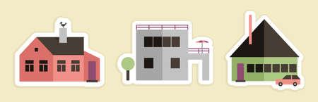 Three stickers with houses, vector cartoon illustration, simple styleのイラスト素材