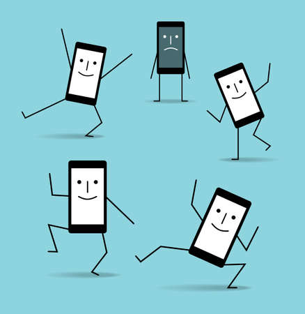 Happy charged phones and sad discharged phone, cartoon vector illustration on blue backgroundのイラスト素材