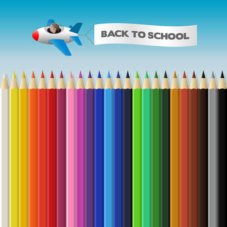 Back to school, plane with a banner flying over the walls of crayons, vector cartoon illustrationのイラスト素材